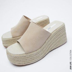 NEW Zara Leather Jute Wedge Sandals